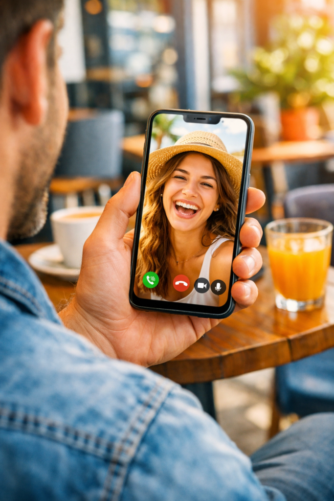 A man video chats on his cell phone with a woman on the screen