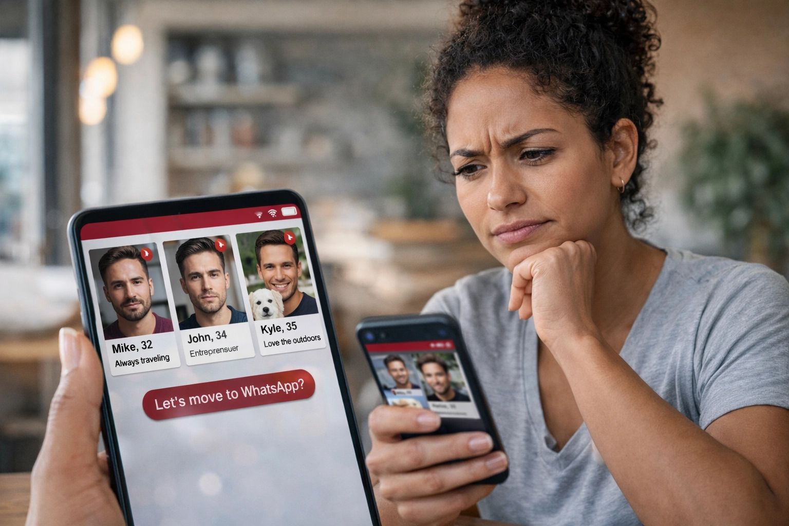 Worried woman dater sees suspicious dating profiles